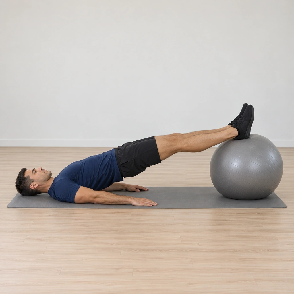 He lies on his back on the mat, both legs straight with the heels resting on top of the large stability ball, his hips pressed up off the floor so his body runs in one straight line from shoulders to heels.
