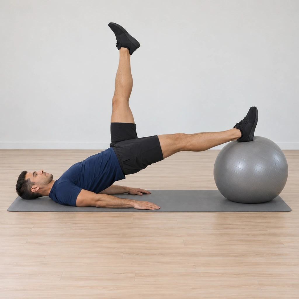 His left leg is lifted straight up toward the ceiling from the hip, the right heel driving down into the ball, his hips still lifted in the line and the working leg staying extended on the ball.
