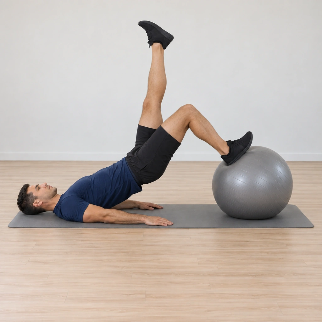 His right knee is bent, the heel pulling the ball in toward his seat while the hips drive higher into the air, the left leg still vertical, the shoulders planted and the curl controlled.
