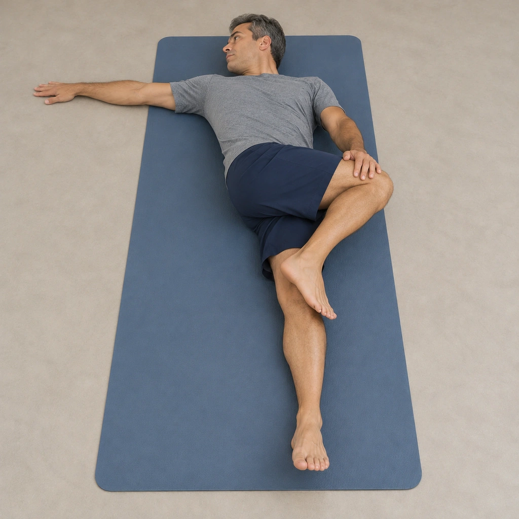 Single-Leg Supine Spinal Twist - Step 2: Bring your bent knee over your other leg and push your knee against the floor with your opposite hand. Then reach with your other arm to the opposite side, looking in the same direction.