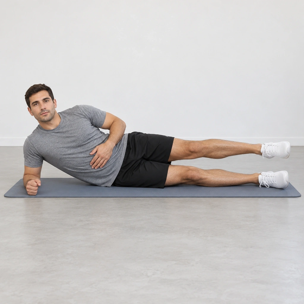 A man lying on his right side on a mat, propped on his right forearm, both legs straight, his left leg held a few inches above his right leg, his left hand resting on his stomach.