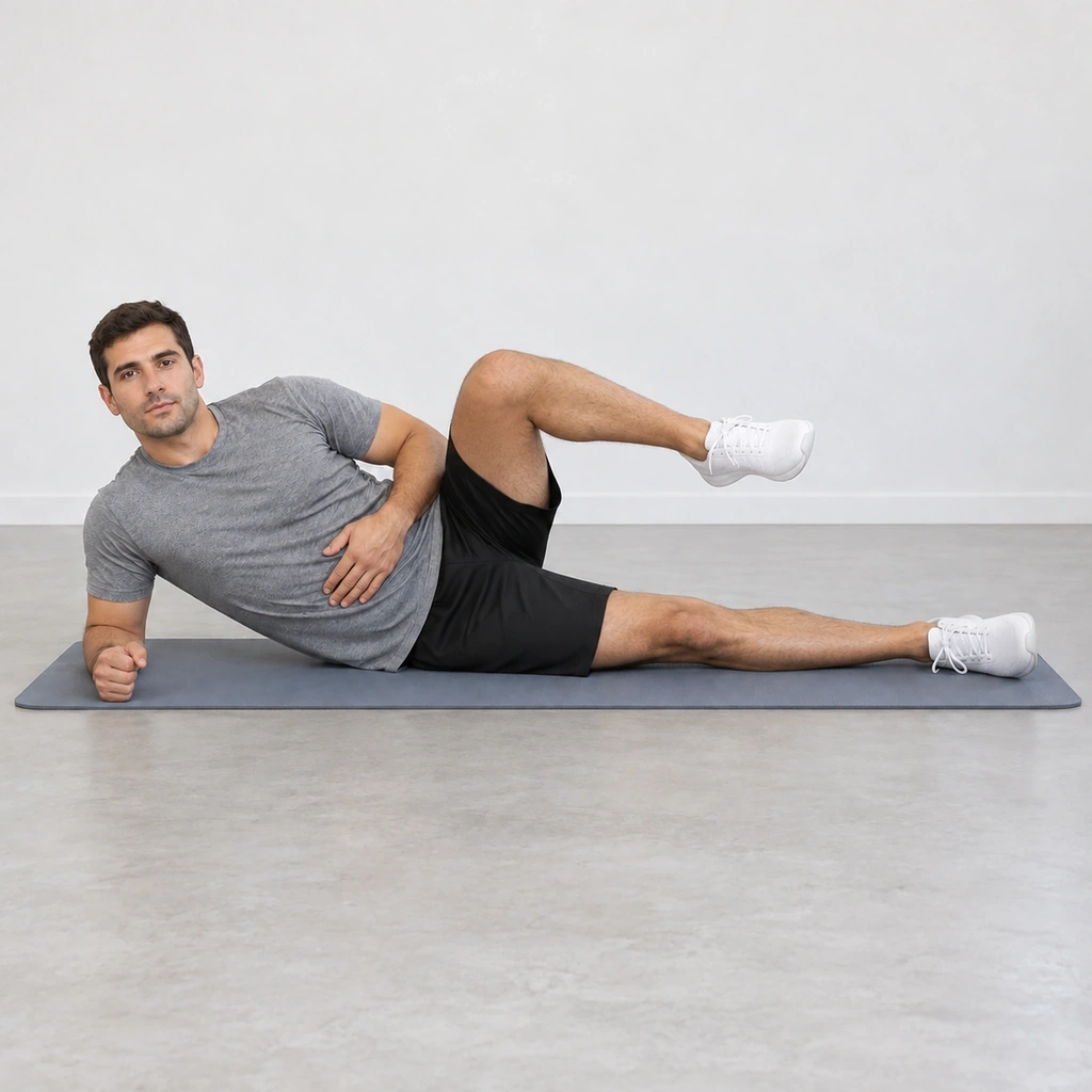 The same man with his left thigh drawn up toward his chest and his left knee bent, his left foot still clear of the mat, his trunk still propped on his right forearm.