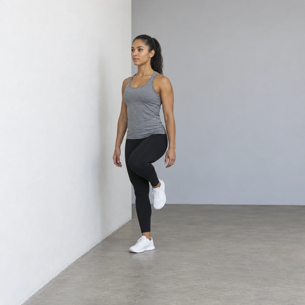 A woman standing on her right leg alone, side-on beside a plain wall, her left leg bent and lifted clear of the floor.