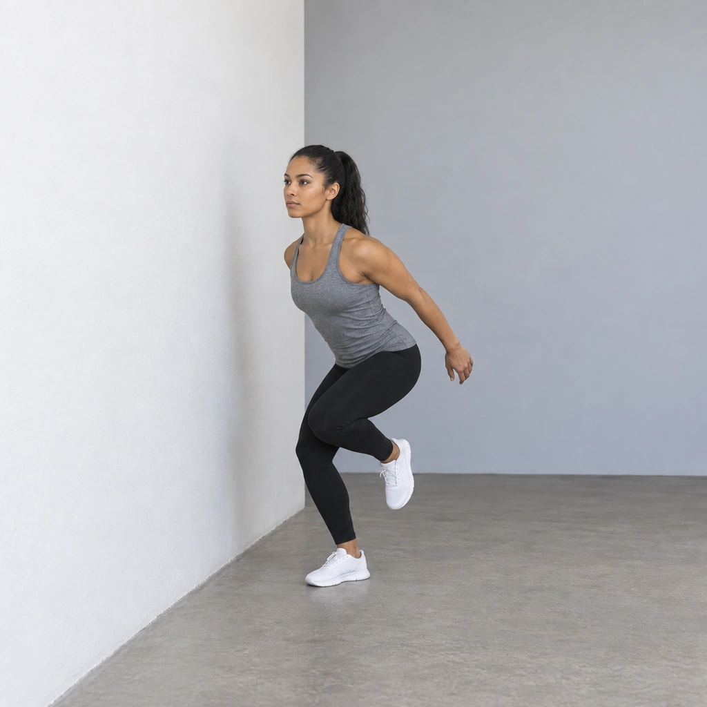 The same woman lower to the floor, her right knee bent deeply in a crouch, both arms swung back behind her, the left leg still lifted beside her.