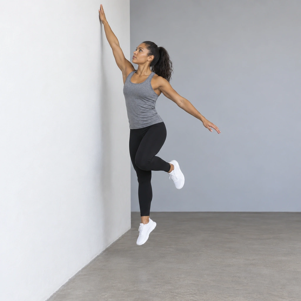 The same woman airborne at the top of a jump beside the wall, her right leg extended below her with the foot off the floor, her right hand reaching up to tap the wall, her left leg still bent and clear of the wall.