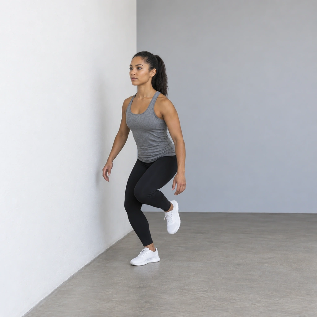The same woman landing on her right foot alone beside the wall, the right knee bent to absorb the landing, both arms lowering, the left leg still lifted clear of the floor.