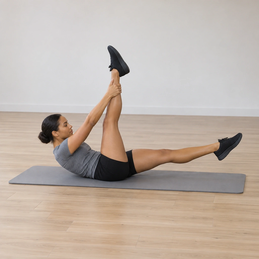 She lies supine curled up with both legs straight to the ceiling, her hands gripping one ankle while the other leg lowers toward the floor.