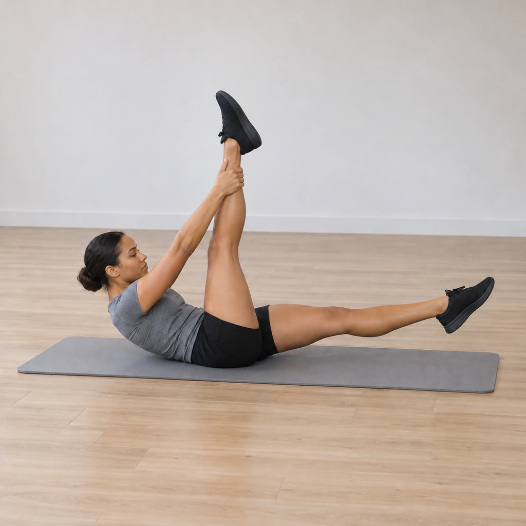 She presses her held straight leg into her hands and pulls it twice from her back, the free leg hovering above the floor and her curl sustained.