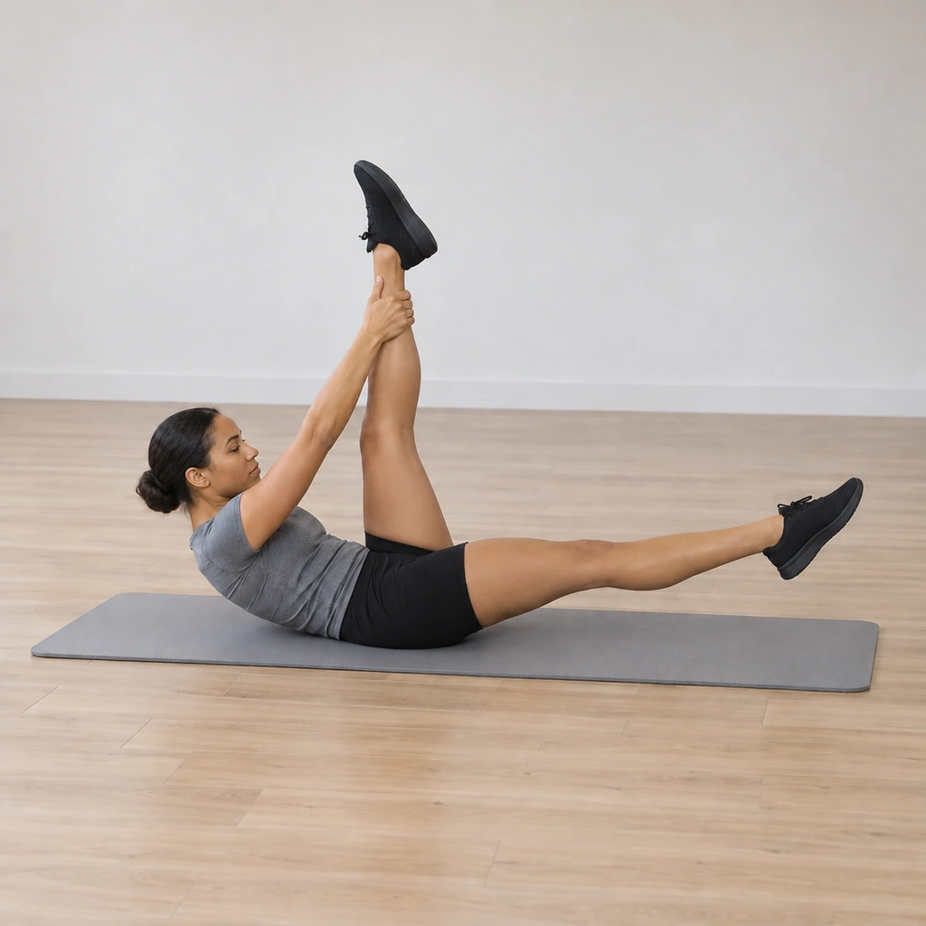 She is captured mid-switch, the first leg lowering toward the floor while the second leg rises straight to her waiting hands.