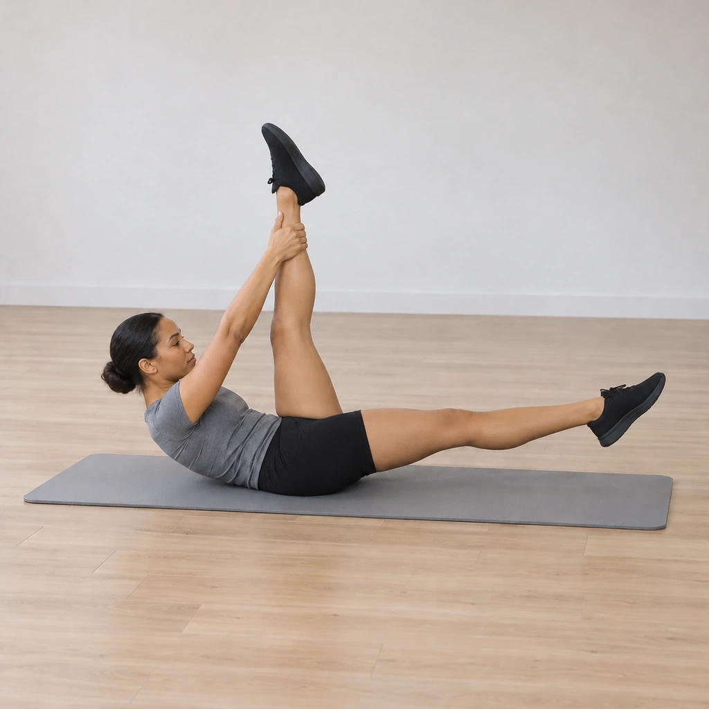 She presses the second held leg into her hands and pulls twice from her back, the first leg now hovering low.