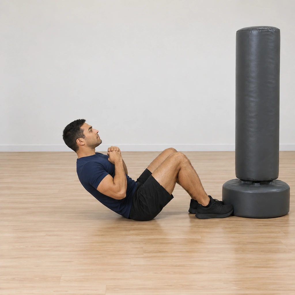 His trunk is curling up through the sit-up, shoulders off the floor, rising toward the bag, fists still drawn at his chest.