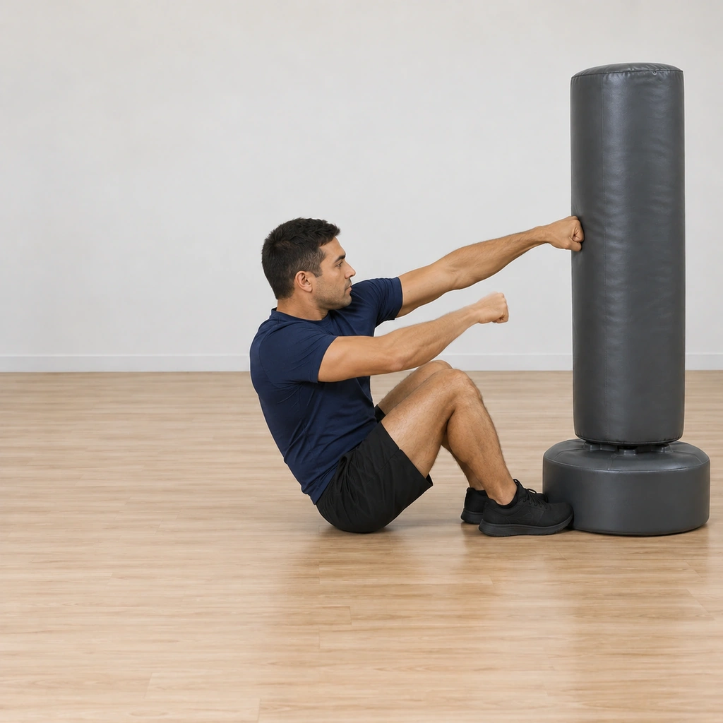 At the top of the sit-up his two fists are striking the side of the bag in a one-two sequence, the lead hand extended and the trail hand beginning its punch.