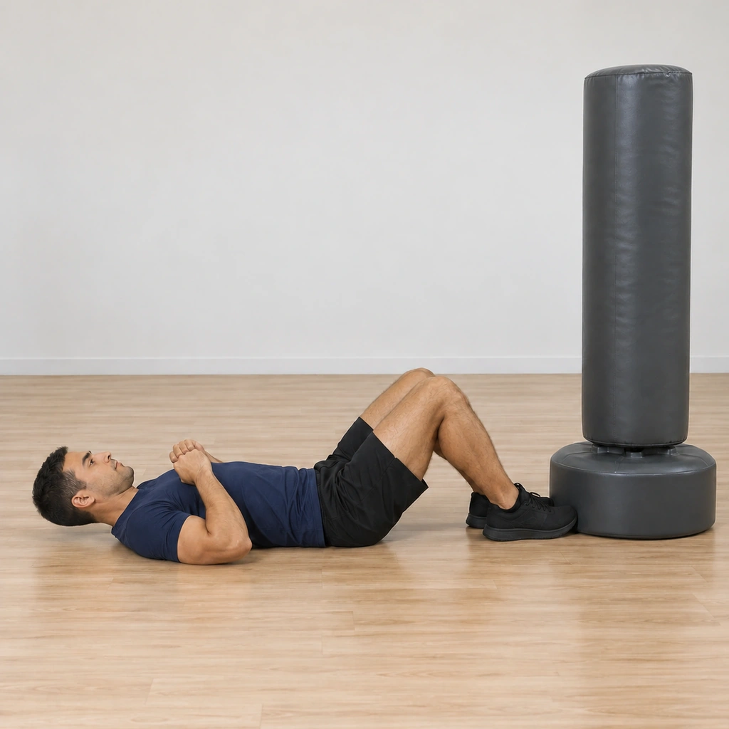 He is lowering his trunk back toward the floor under control, shoulders descending, fists drawn back to his chest, feet still planted.