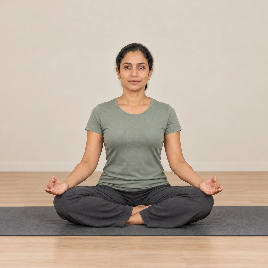 The same woman with her lips closed again and her chest a little fuller, hands still on her knees.