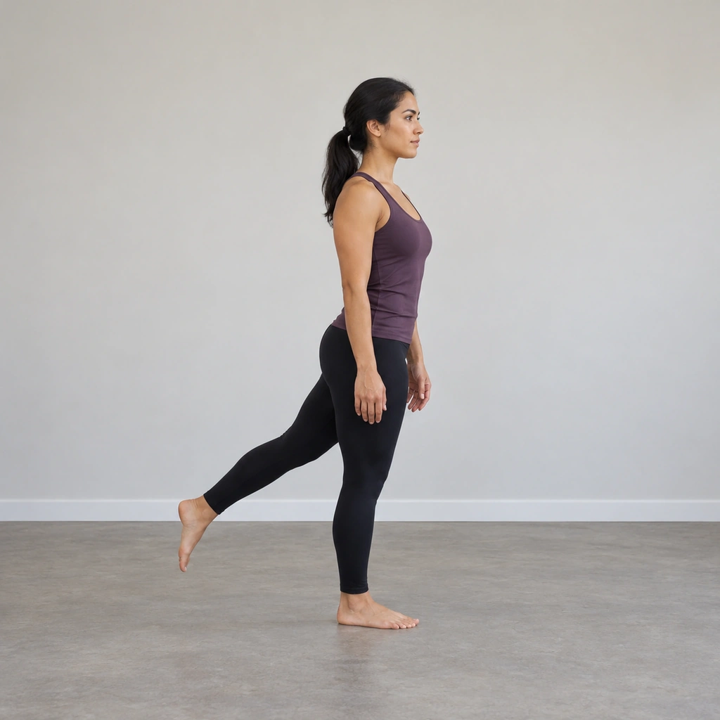 A woman standing tall on one leg, her other leg reaching back behind her unheld, arms ready at her sides, balanced and upright.