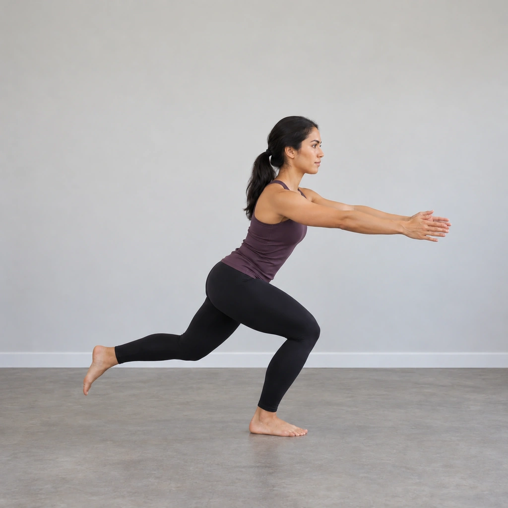 A woman mid-descent in a skater squat, sinking on one leg, arms reaching forward, rear leg still reaching back.
