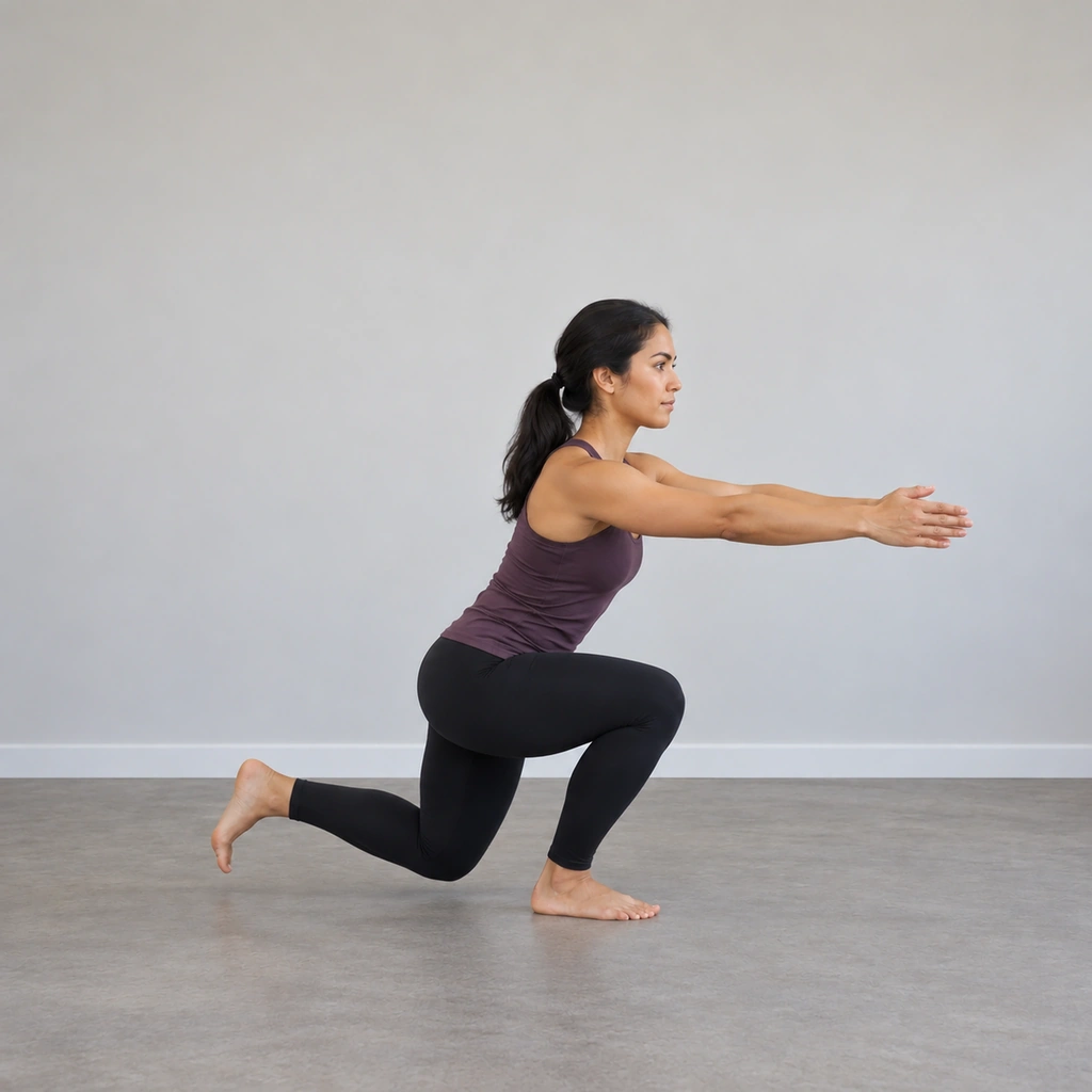 A woman at the bottom of a skater squat, rear knee hovering just above the floor, arms forward, torso forward over the standing leg.