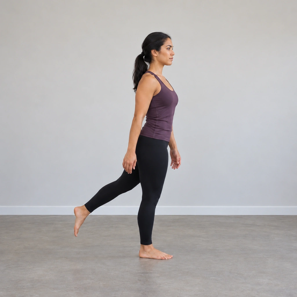 A woman driving back up from a skater squat bottom, rising on the standing leg, arms returning, nearing upright.