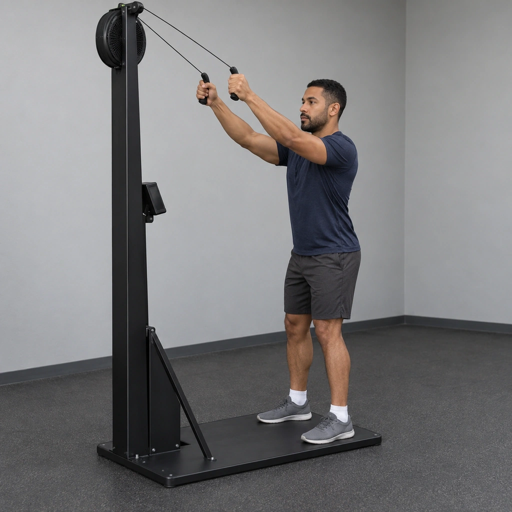Man standing tall at a ski ergometer holding both handles just above eye level.