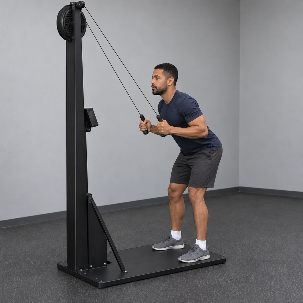 Man at a ski ergometer pushing his hips back and pulling the handles down in front of his chest.