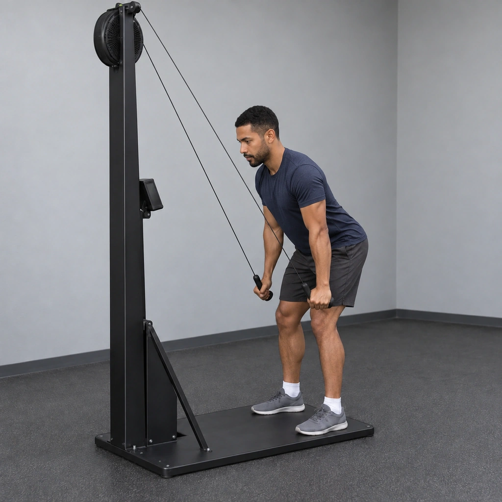 Man at a ski ergometer hinged forward at the hips with both handles pulled down beside his thighs.