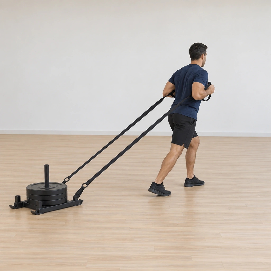 He stands facing away from the loaded sled, both strap handles at his chest, the straps taut back to the sled behind.