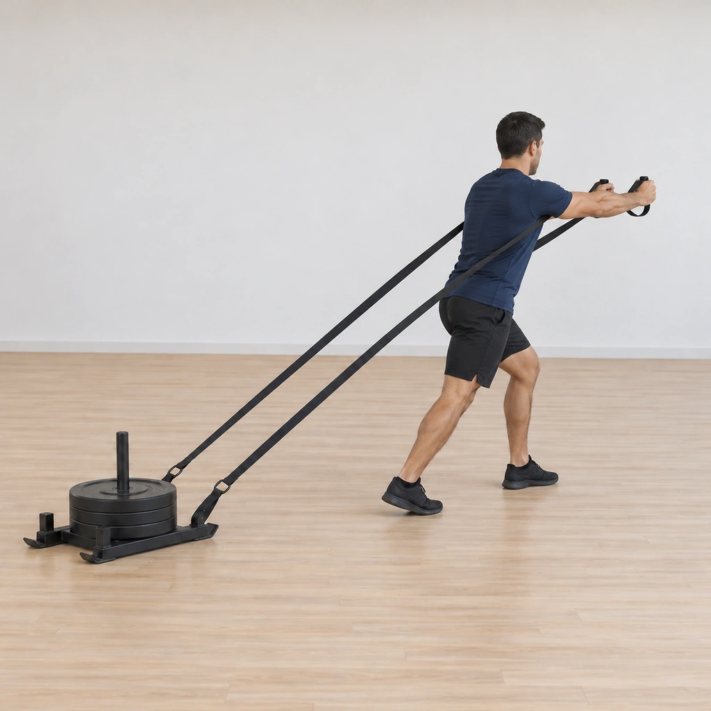 He leans forward into the straps taking the first step, the sled behind beginning to drag, his body angled into the load.