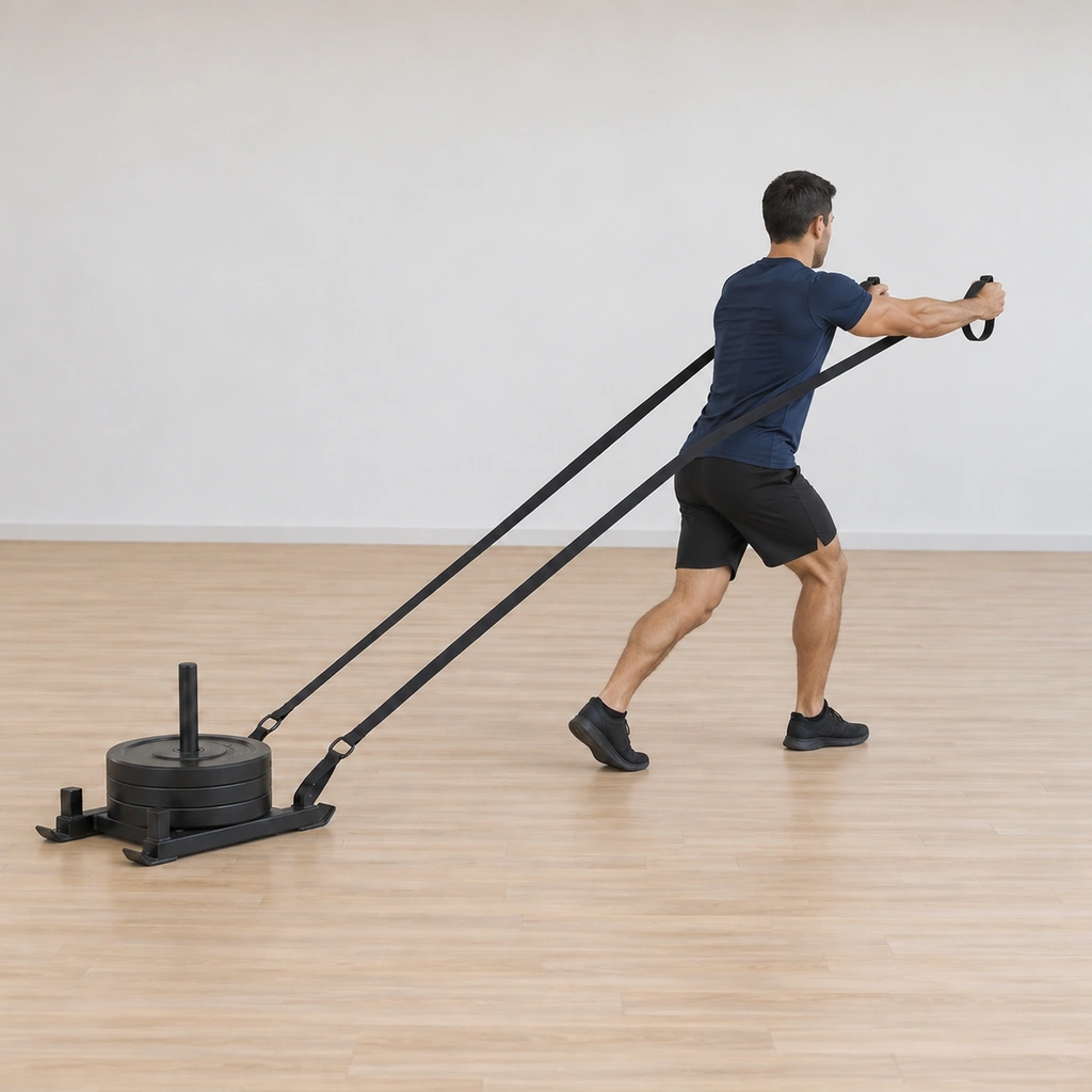 He continues marching forward with the sled dragging behind, the press rhythm repeating with each step.
