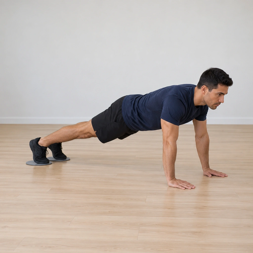 He holds a straight high plank, hands planted under the shoulders, both toes centred on the flat slider discs and the body in one line.