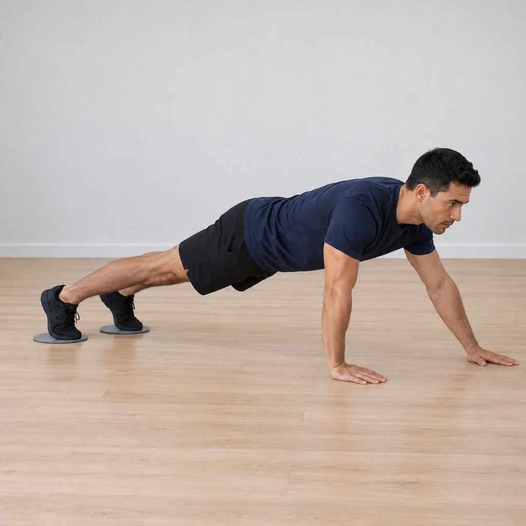 His right hand has stepped a short distance forward ahead of the shoulder while his body has drawn forward over the discs, his toes still trailing behind on them.