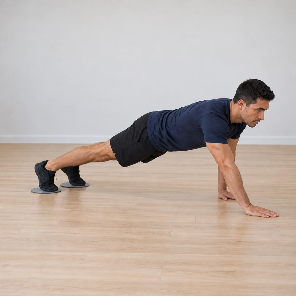 His left hand has now stepped forward past the right while the right stays planted, the body drawn further forward and the toes still trailing on the discs.