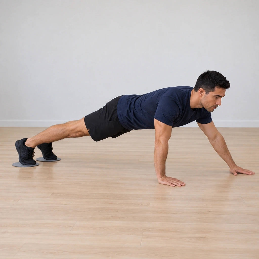 Mid-stride, his body holds a dead-straight plank line from head to the toes on the discs, both hands mid-alternation under the shoulders, no sag at the hips.