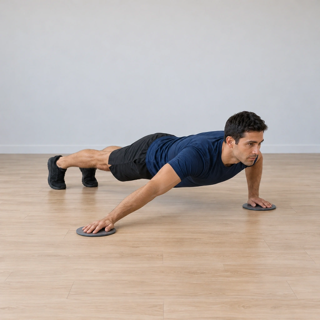 His chest is lowering while his right hand has travelled out wide to the side on its disc, the right arm extended laterally, the left arm starting to bend under the shoulder.