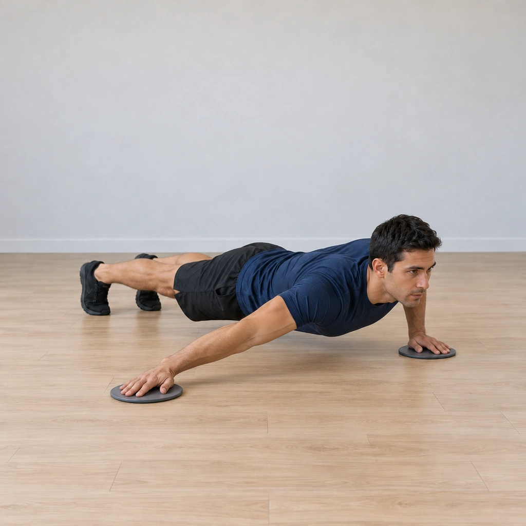 He is at the bottom of the push-up, chest near the floor under the left shoulder, right arm extended straight out to the side on its disc, left arm partially bent bearing the press.