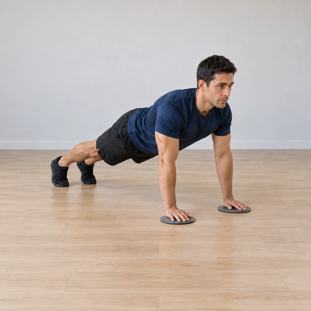 He is pressing back up, his right hand gliding back in on its disc toward the shoulder line while the left arm straightens, the body rising straight to the plank.