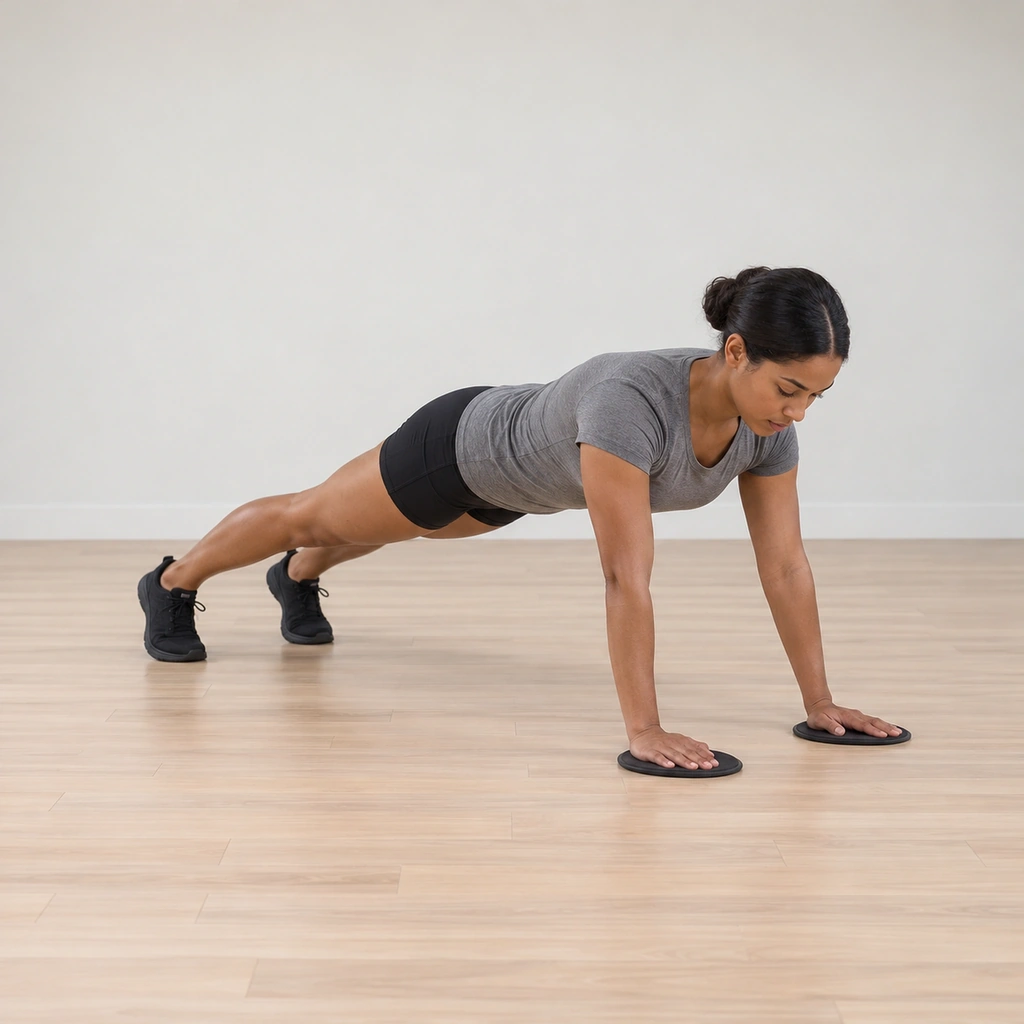 She holds a straight high plank with both hands flat on the two floor sliders under her shoulders, body in one line from head to heels.