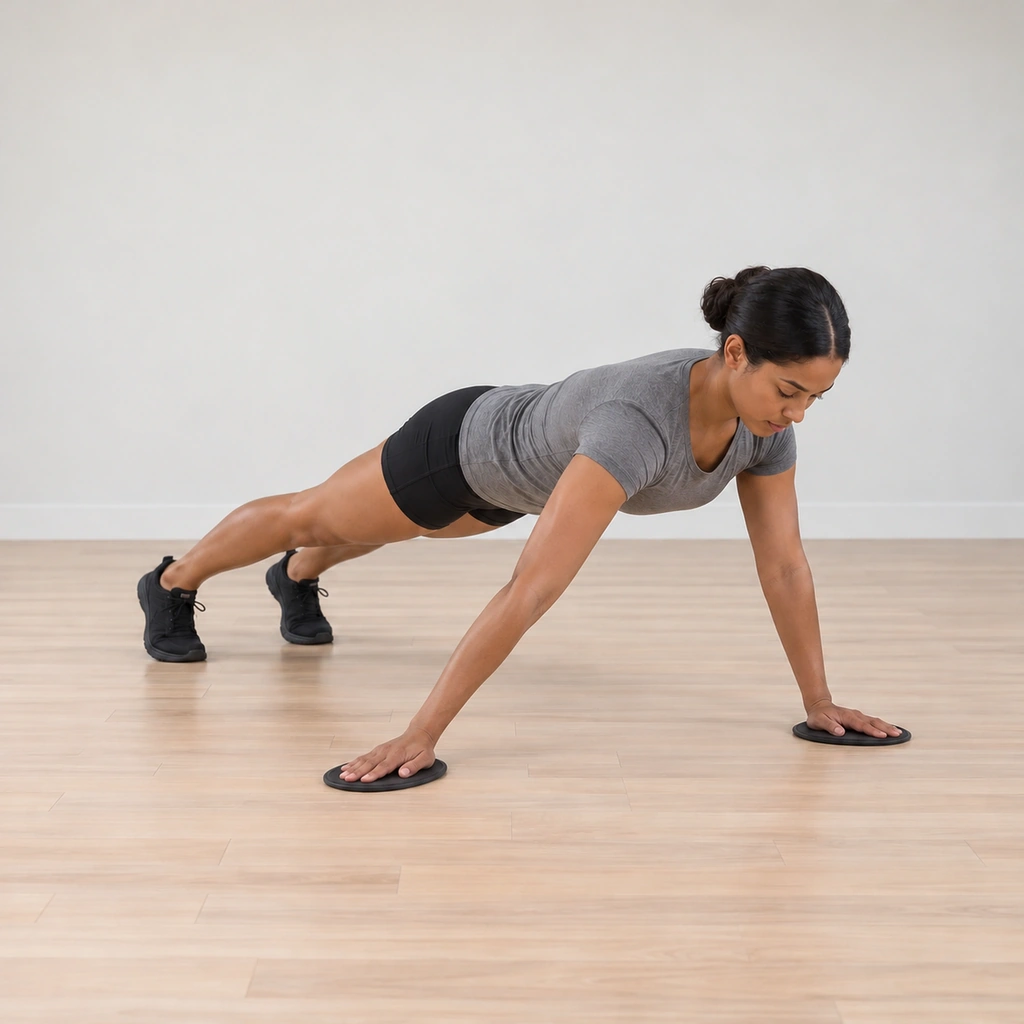 She glides her right hand on its slider out into a circle across the floor while her left arm holds the plank steady.
