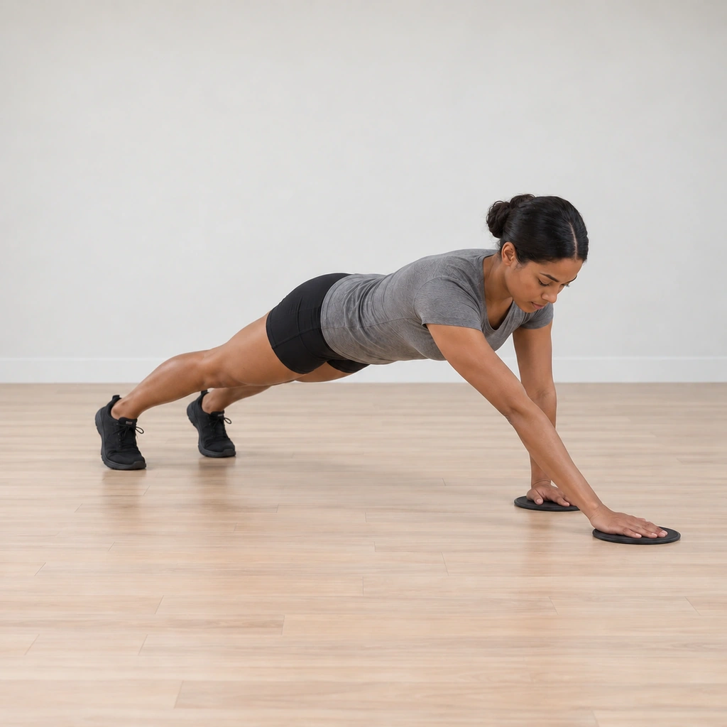 She carries her right hand to the far point of the circle wide of her shoulder, left arm still braced, the plank held level.