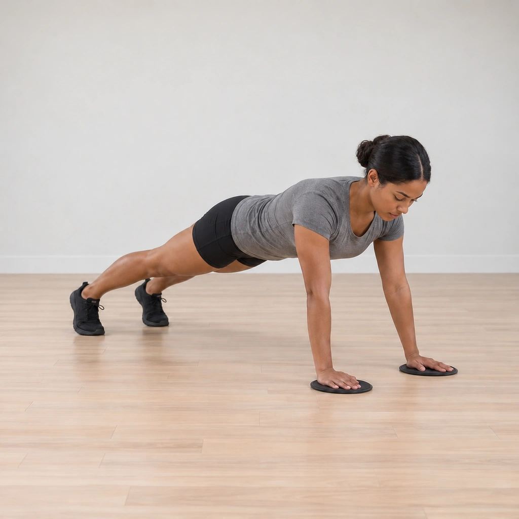 She glides her right hand back under her shoulder to complete the circle, both hands on the sliders again in the held plank, ready to switch arms.