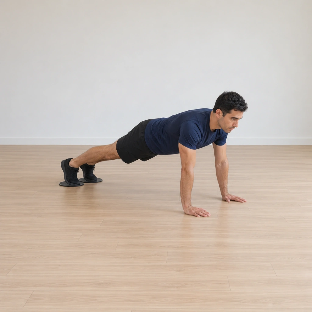 He holds a high plank on straight arms, both feet resting on sliders, legs straight, body in one line from head to heels.