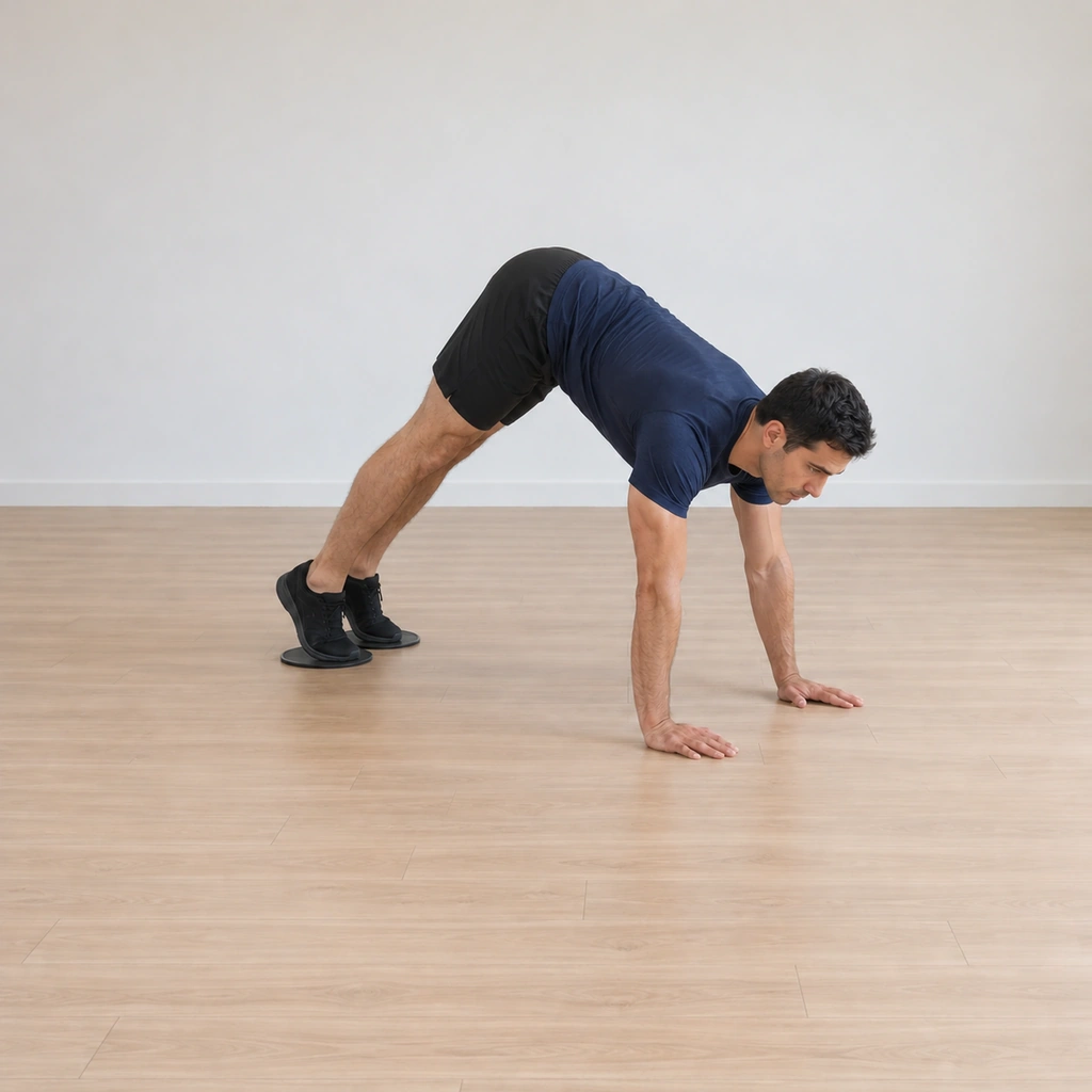 He drags both feet toward his hands on the sliders, legs straight, his hips beginning to rise above the shoulders into the start of the V.