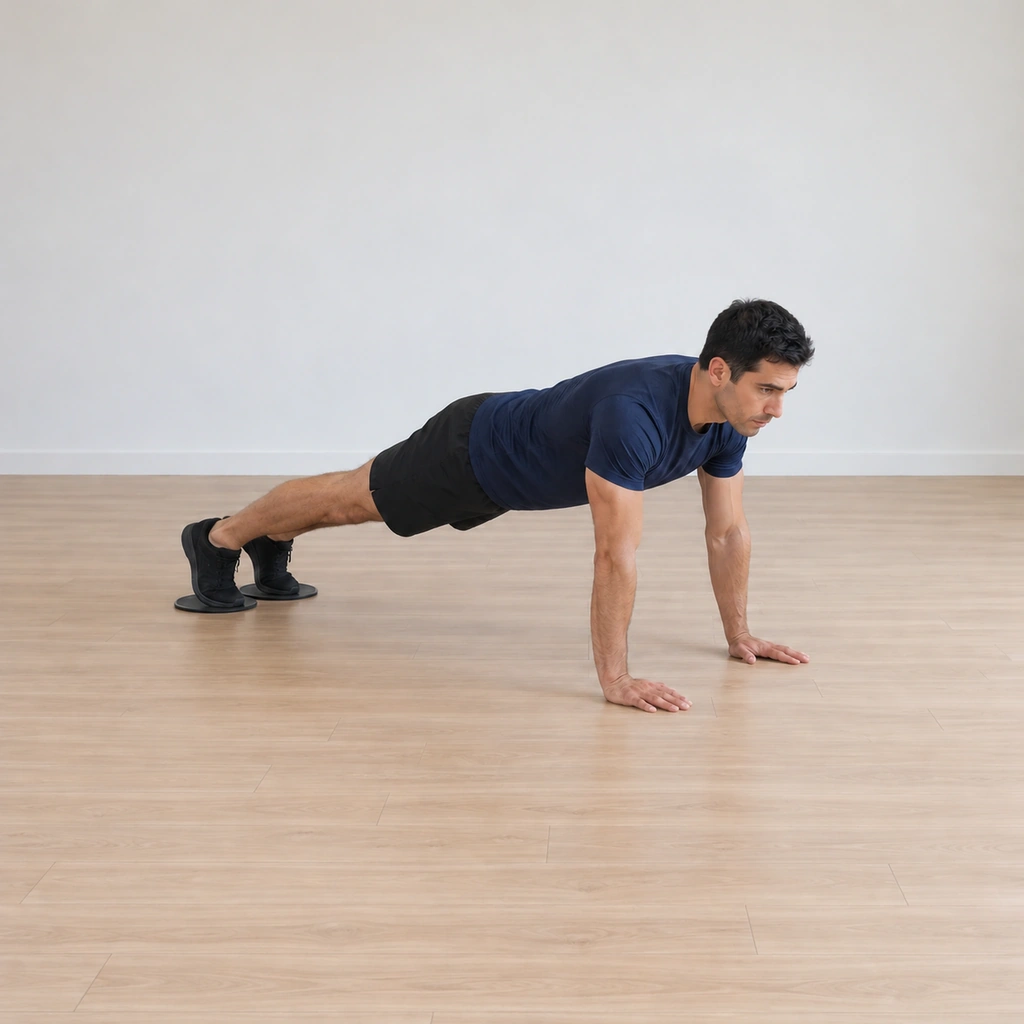 He slides both feet back out on the sliders, hips lowering in control, returning to the high plank line on straight arms.