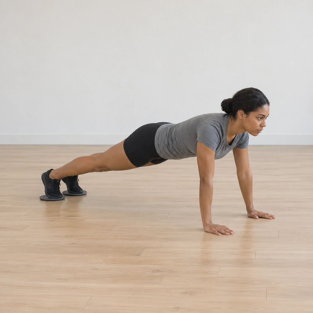 She holds a straight-arm high plank, hands under the shoulders; both feet rest on the sliders together under the hips, body in one line.