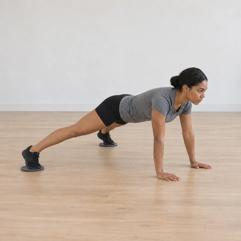 Her plank is unchanged while both slider-borne feet have glided wide apart at the same time, legs extended, upper body still.