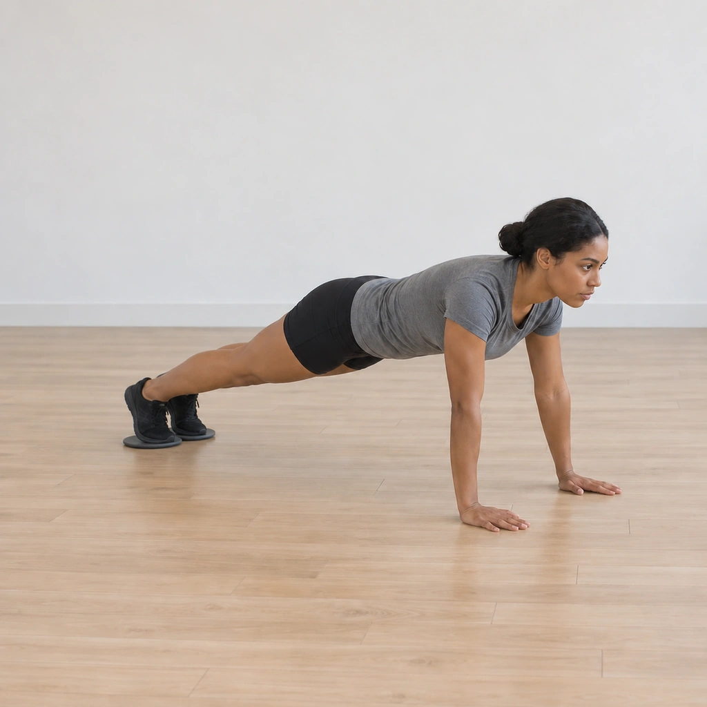 Her plank is still held while both slider-borne feet have glided back together under the hips, legs extended, upper body unmoved.