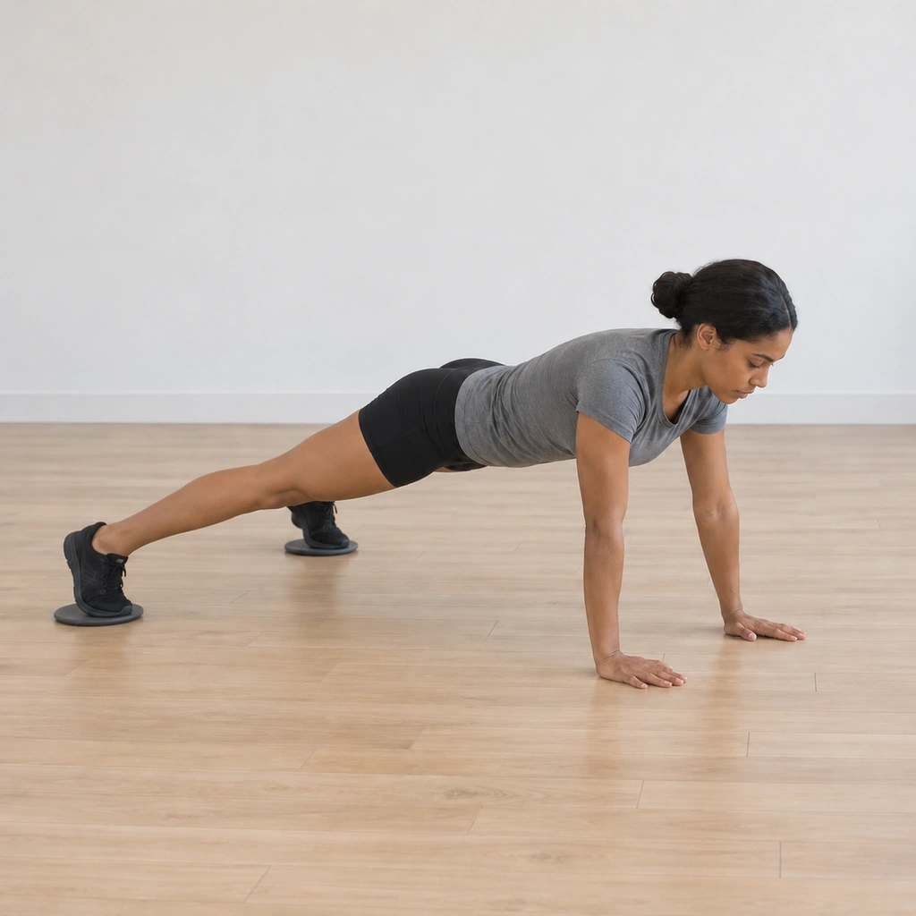 She repeats the glide: both slider-borne feet wide apart once more while the shoulders, hips and head hold the same plank line.