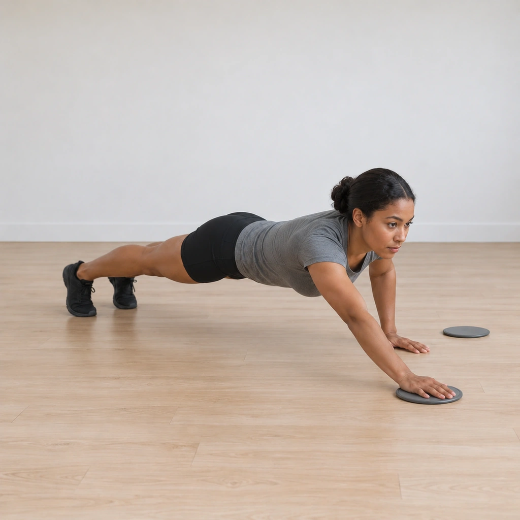 Her chest has lowered toward the floor while her right hand has travelled straight forward on its disc well ahead of the shoulder, the left hand still planted.
