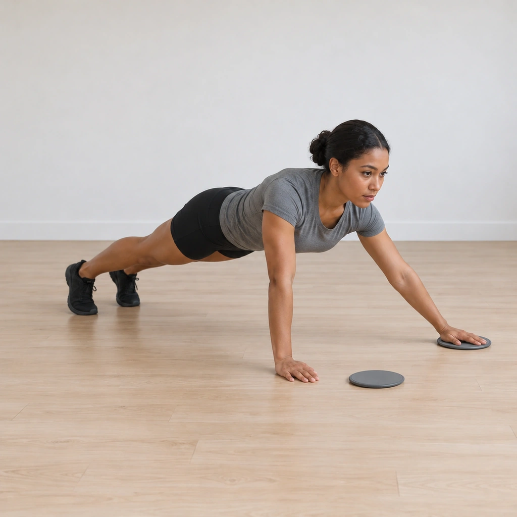 She is back in the tall push-up plank, the disc now centred under her left palm and her right palm flat on the floor, ready for the left-side slide.