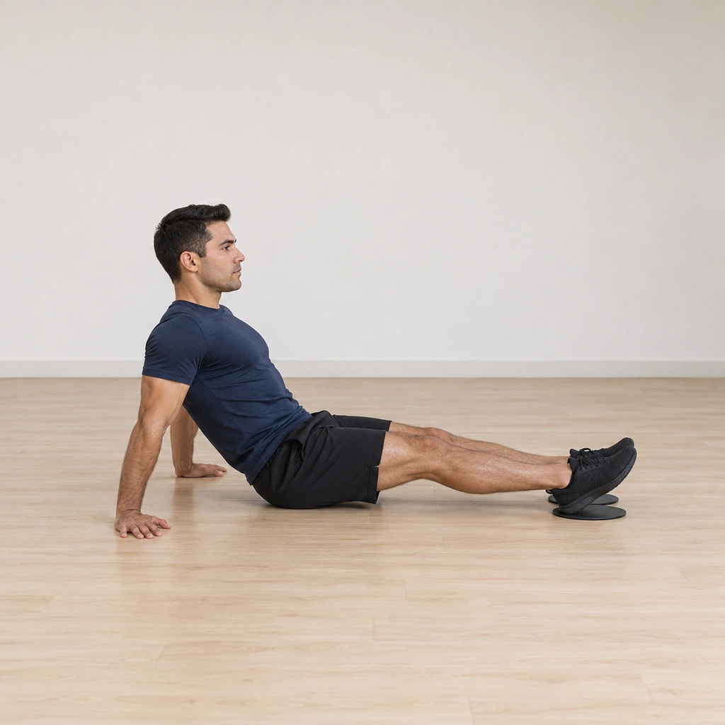 He sits on the floor leaning slightly back onto his hands, legs extended forward with both heels resting on the sliders ahead; his trunk is inclined and his chest tall.