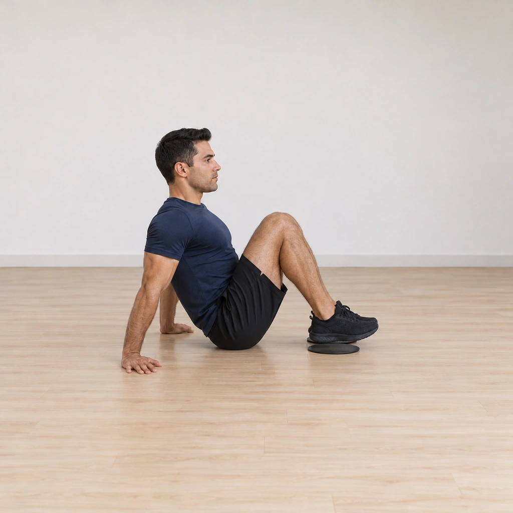 He draws his knees in toward his chest: both heels sliding back on the sliders, his trunk rising toward upright at the same time; the tuck is arriving.